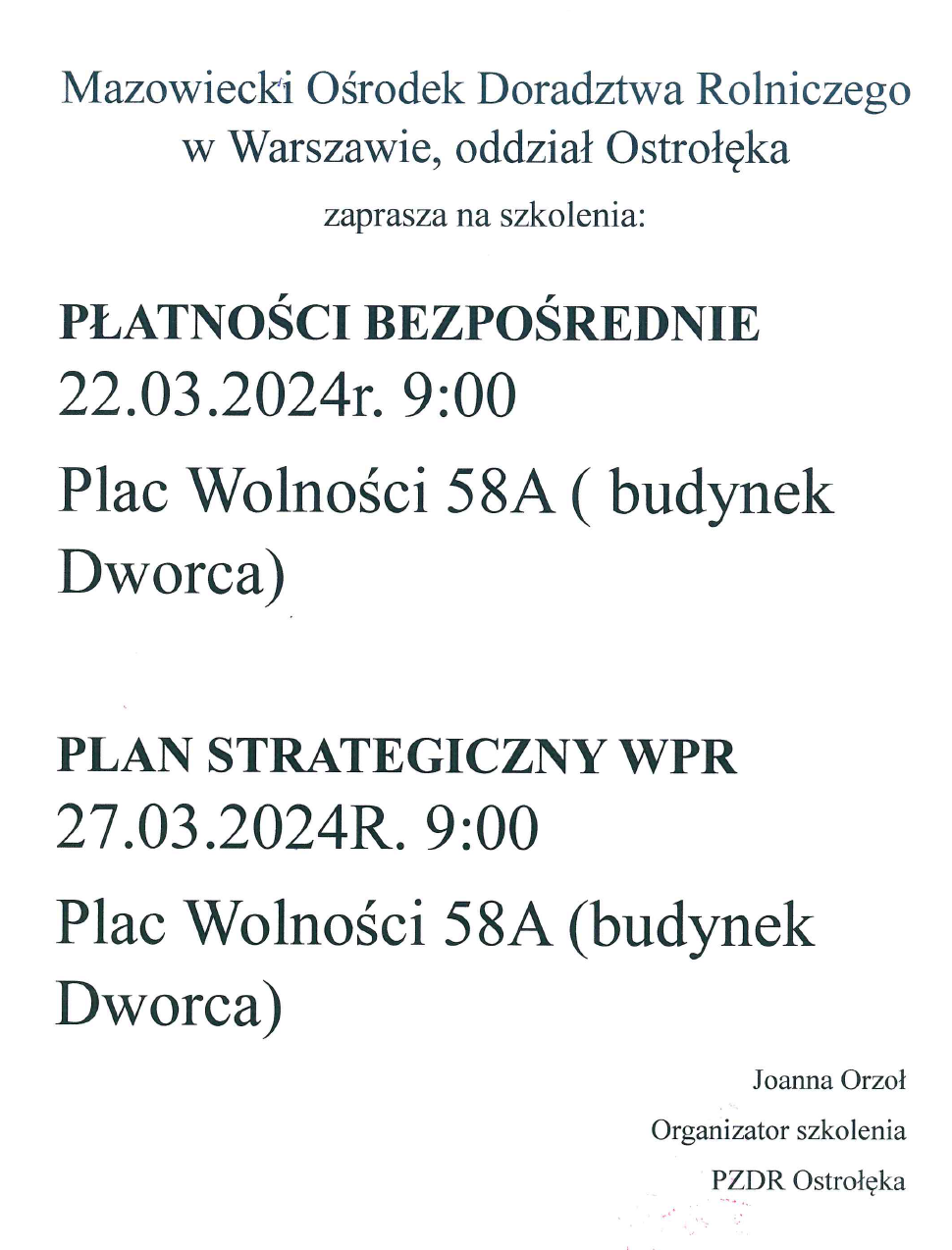 Mazowiecki Ośrodek Doradztwa Rolniczego zaprasza na szkolenia "Płatności bezpośrednie" oraz "Plan Strategiczny WPR"