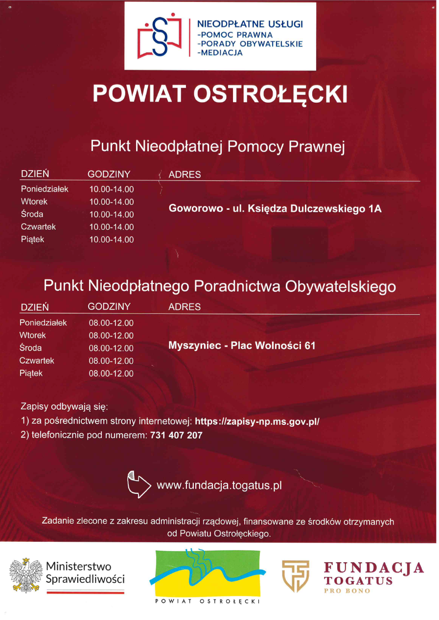 WYKAZ PLANOWANYCH DYŻURÓW W PUNKTACH PRZEZNACZONYCH NA UDZIELANIE NIEODPŁATNEJ POMOCY PRAWNEJ