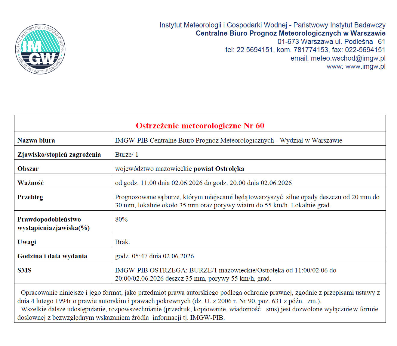 Prognozowane są burze, którym miejscami będą towarzyszyć silne opady deszczu od 20 mm do 30 mm, lokalnie około 35 mm oraz porywy wiatru do 55 km/h. Lokalnie grad.