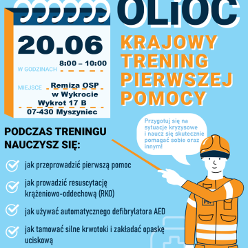 Zapraszenie na szkolenie w ramach Krajowego Treningu Pierwszej Pomocy do Remizy OSP w Myszyńcu w dniu 20 czerwca 2026 r. 